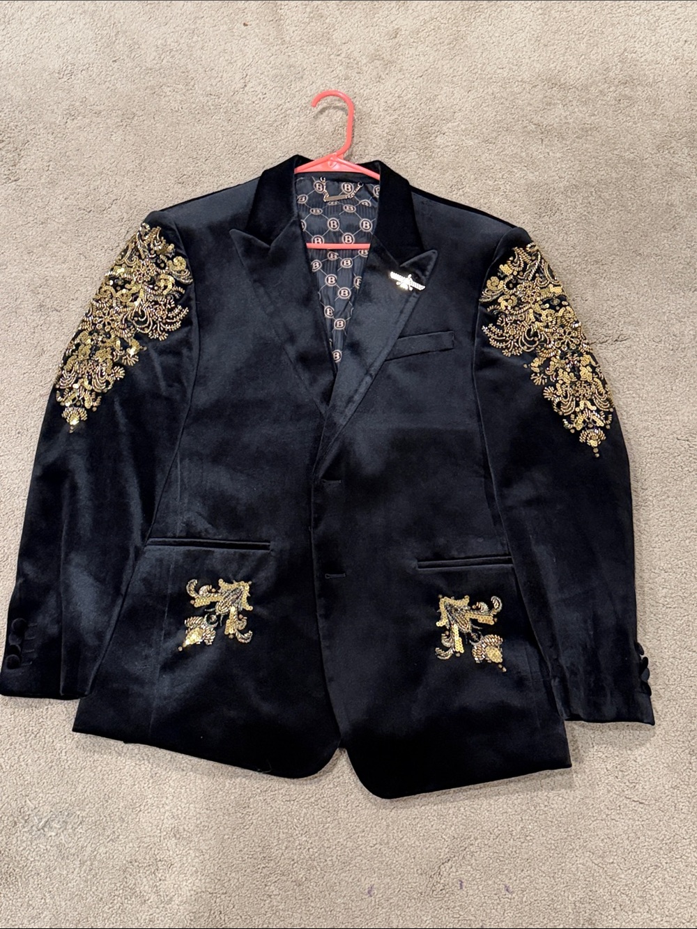 Black Velvet Blazer with Gold Embroidered Accents - Men's Dress Blazer